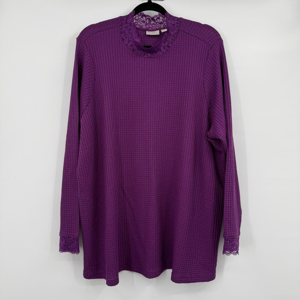 LOGO By Lori Goldstein Tunic‎ Blouse Womens 2X Purple Lace Waffle Knit Stretch